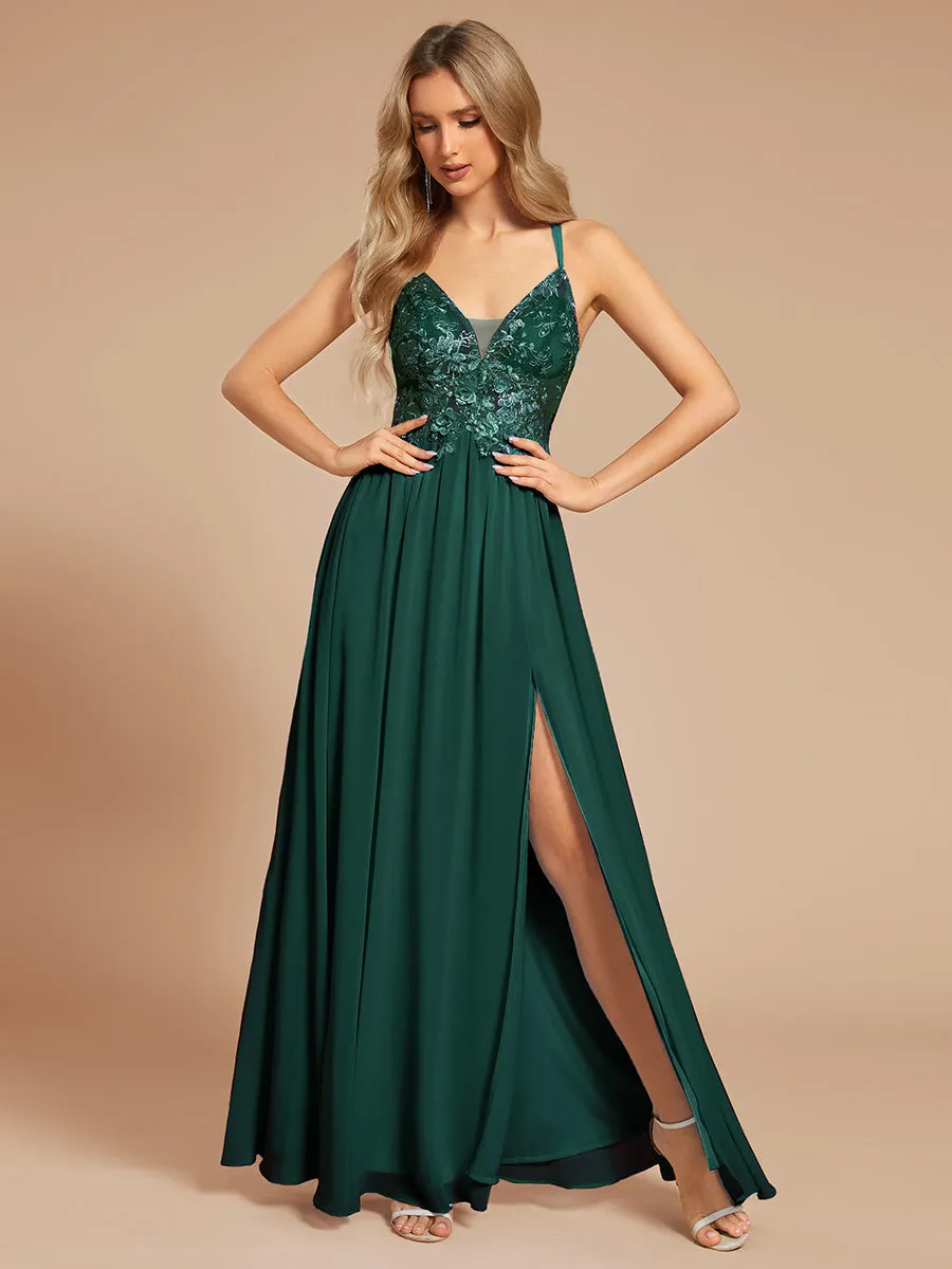 Custom Size A-line Appliqued V-neck Maxi Lace Prom Dress with Adjustable Straps