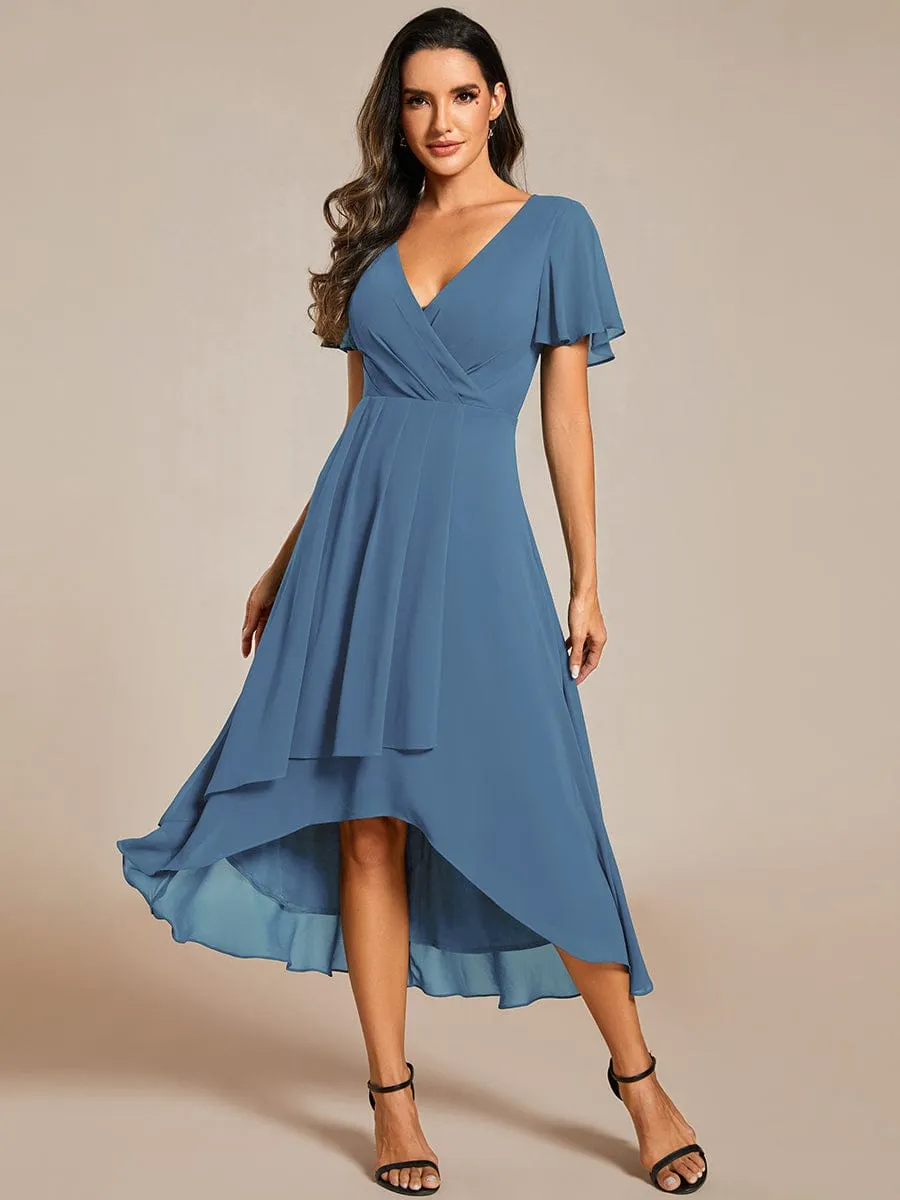 Custom Size Ruffles Sleeve Pleated V-Neck A-Line Midi Chiffon Wedding Guest Dress