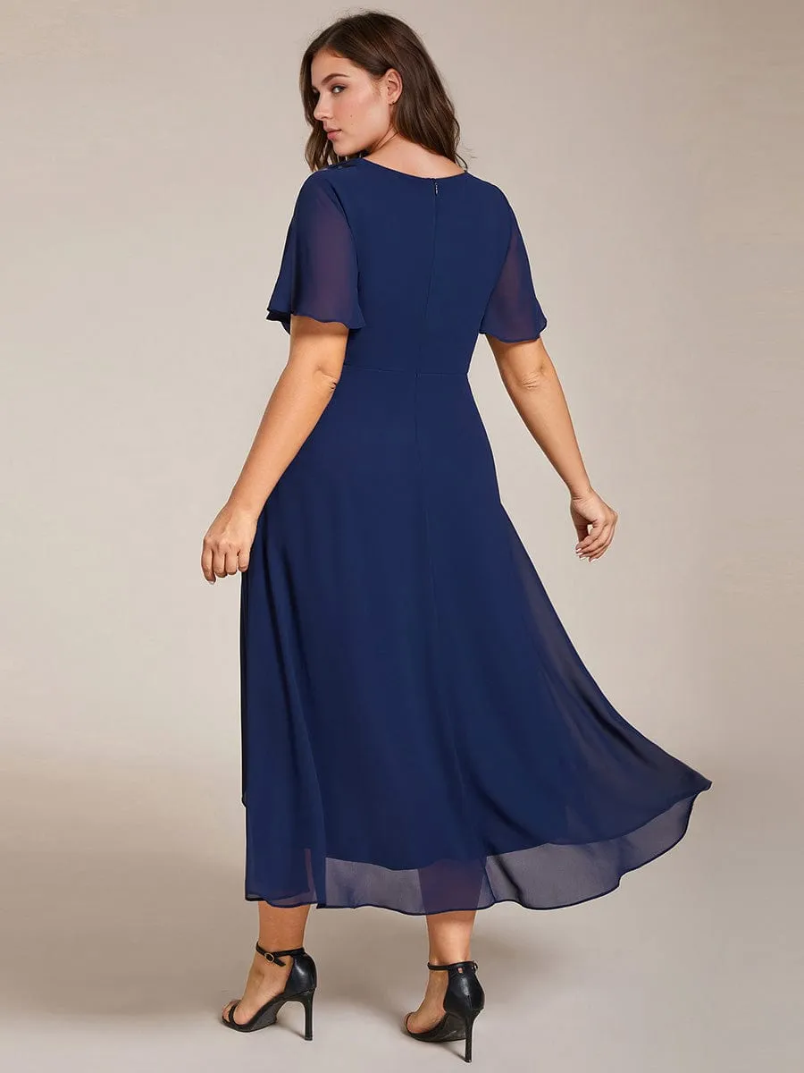 Custom Size Ruffles Sleeve Pleated V-Neck A-Line Midi Chiffon Wedding Guest Dress