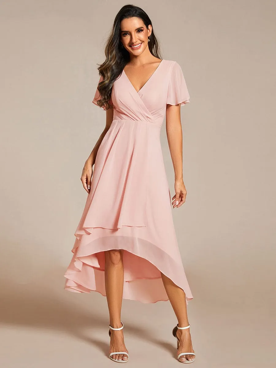 Custom Size Ruffles Sleeve Pleated V-Neck A-Line Midi Chiffon Wedding Guest Dress