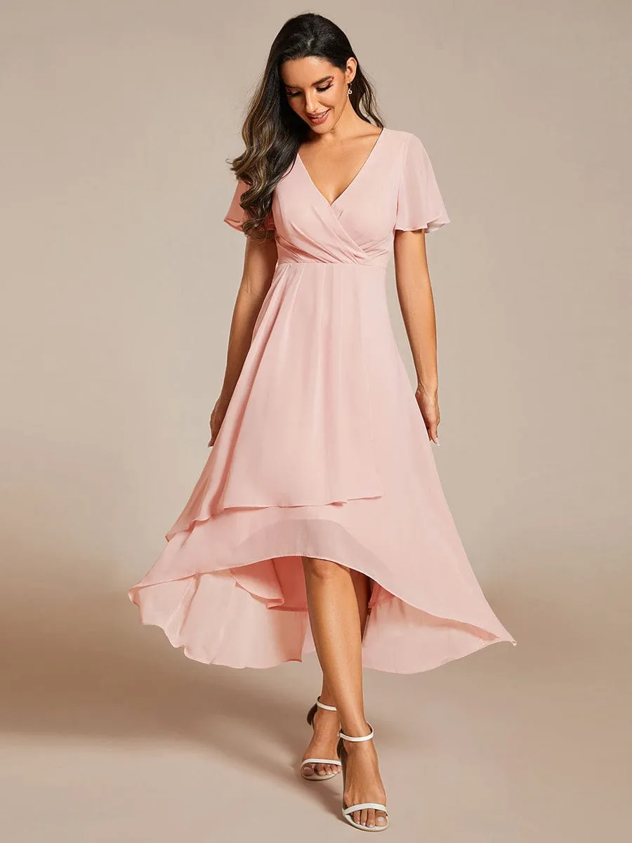 Custom Size Ruffles Sleeve Pleated V-Neck A-Line Midi Chiffon Wedding Guest Dress