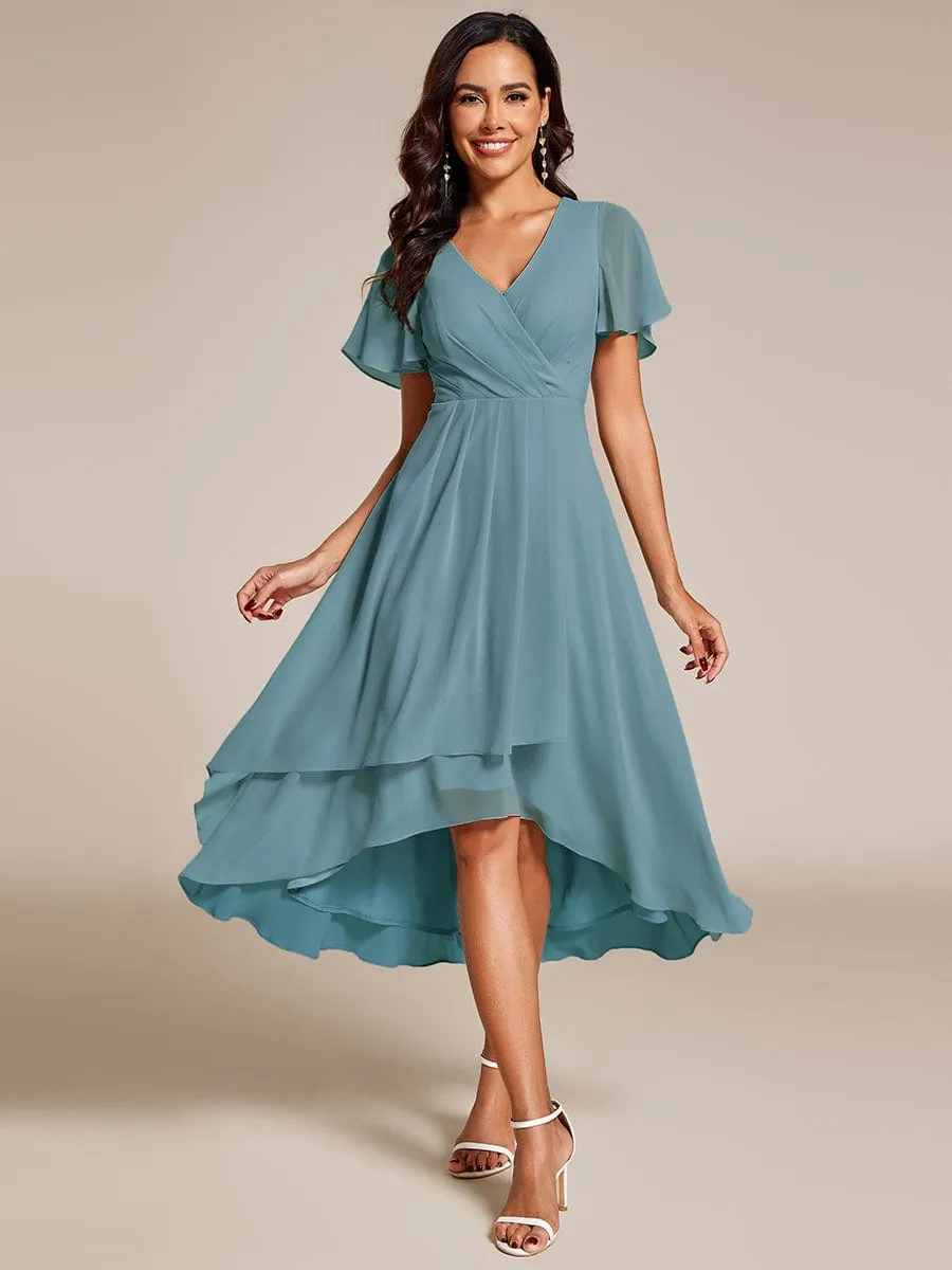 Custom Size Ruffles Sleeve Pleated V-Neck A-Line Midi Chiffon Wedding Guest Dress