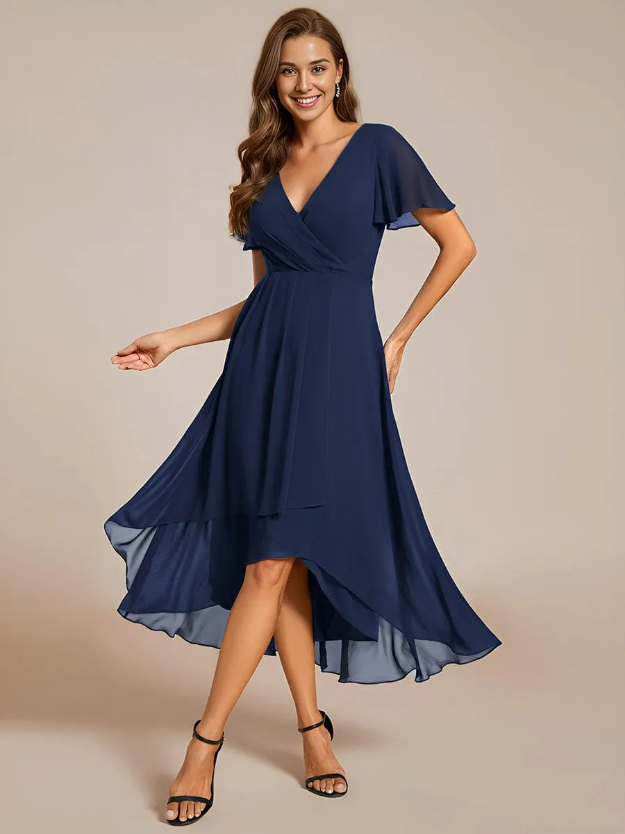 Custom Size Ruffles Sleeve Pleated V-Neck A-Line Midi Chiffon Wedding Guest Dress