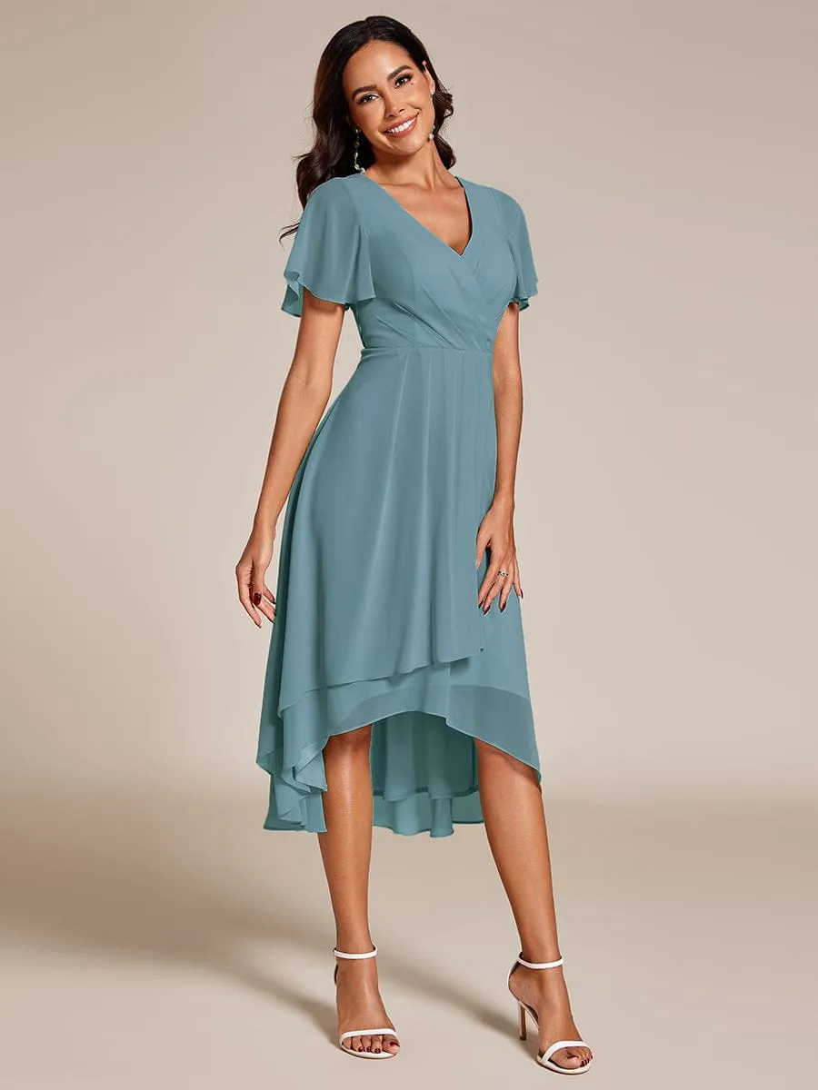 Custom Size Ruffles Sleeve Pleated V-Neck A-Line Midi Chiffon Wedding Guest Dress