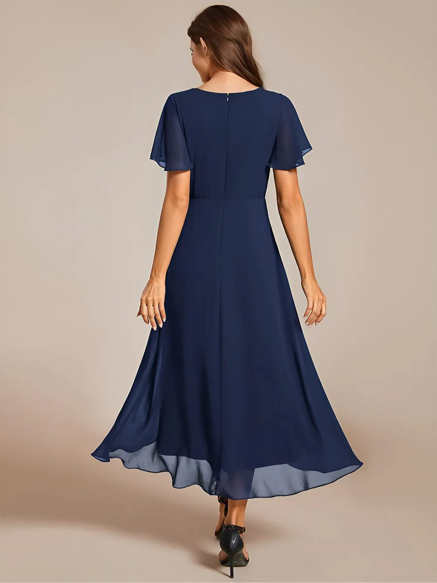 Custom Size Ruffles Sleeve Pleated V-Neck A-Line Midi Chiffon Wedding Guest Dress