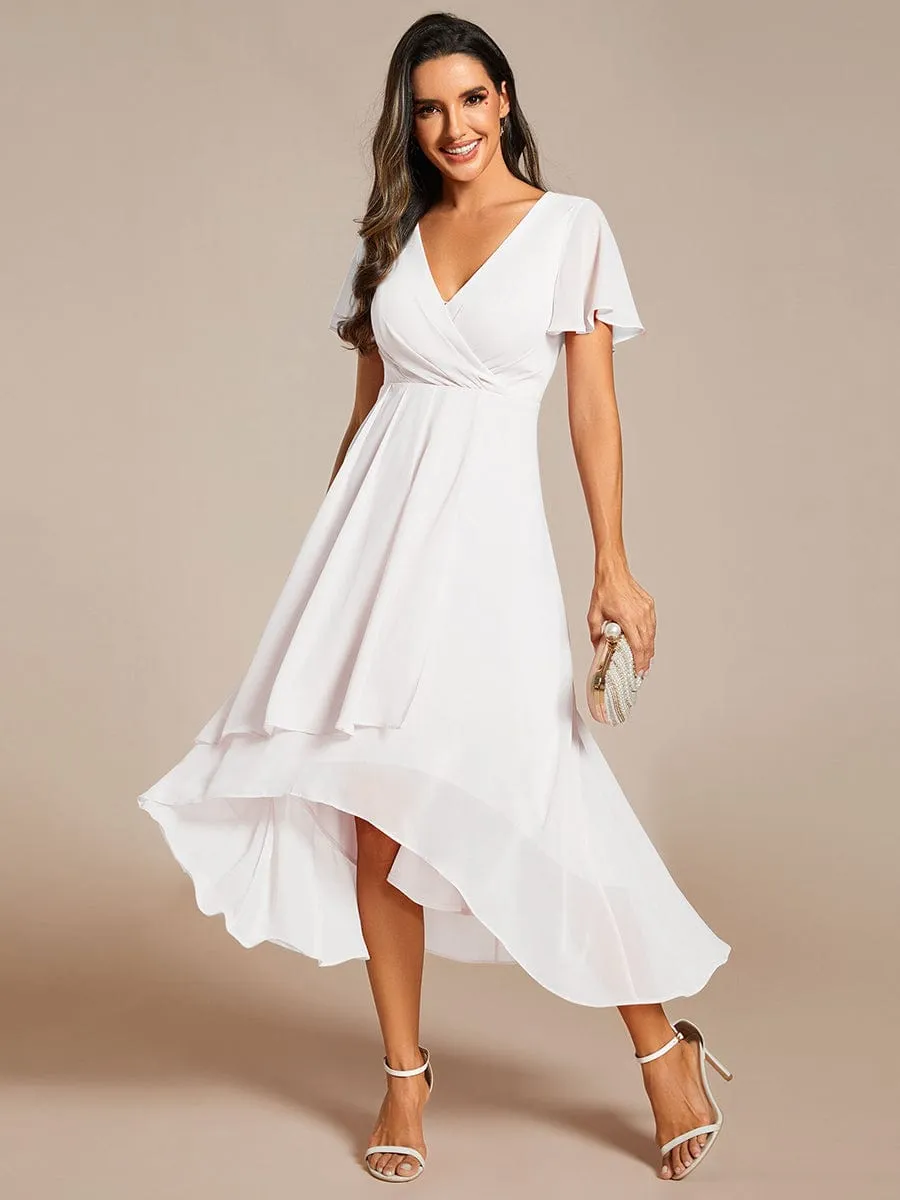 Custom Size Ruffles Sleeve Pleated V-Neck A-Line Midi Chiffon Wedding Guest Dress