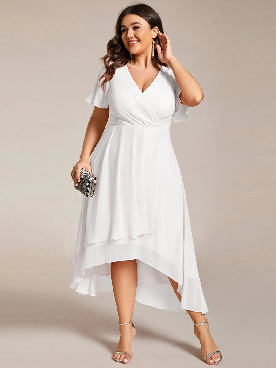 Custom Size Ruffles Sleeve Pleated V-Neck A-Line Midi Chiffon Wedding Guest Dress