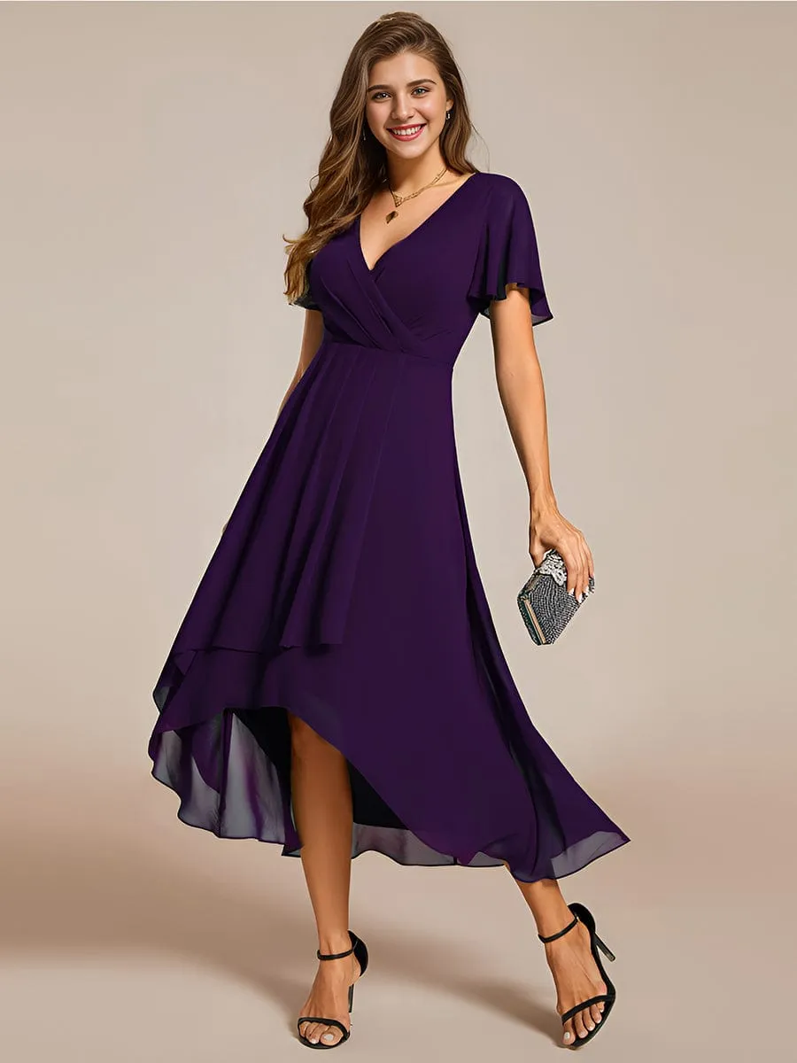 Custom Size Ruffles Sleeve Pleated V-Neck A-Line Midi Chiffon Wedding Guest Dress