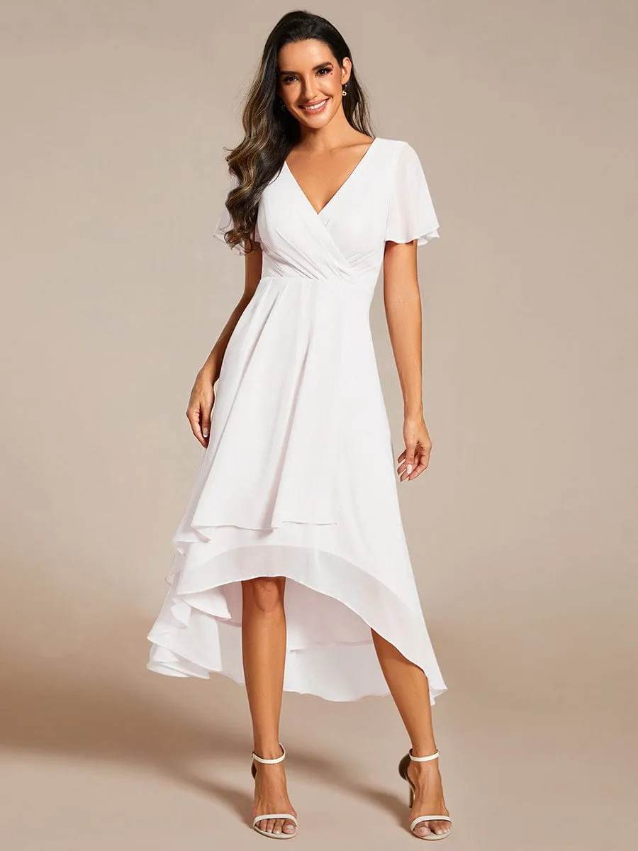 Custom Size Ruffles Sleeve Pleated V-Neck A-Line Midi Chiffon Wedding Guest Dress