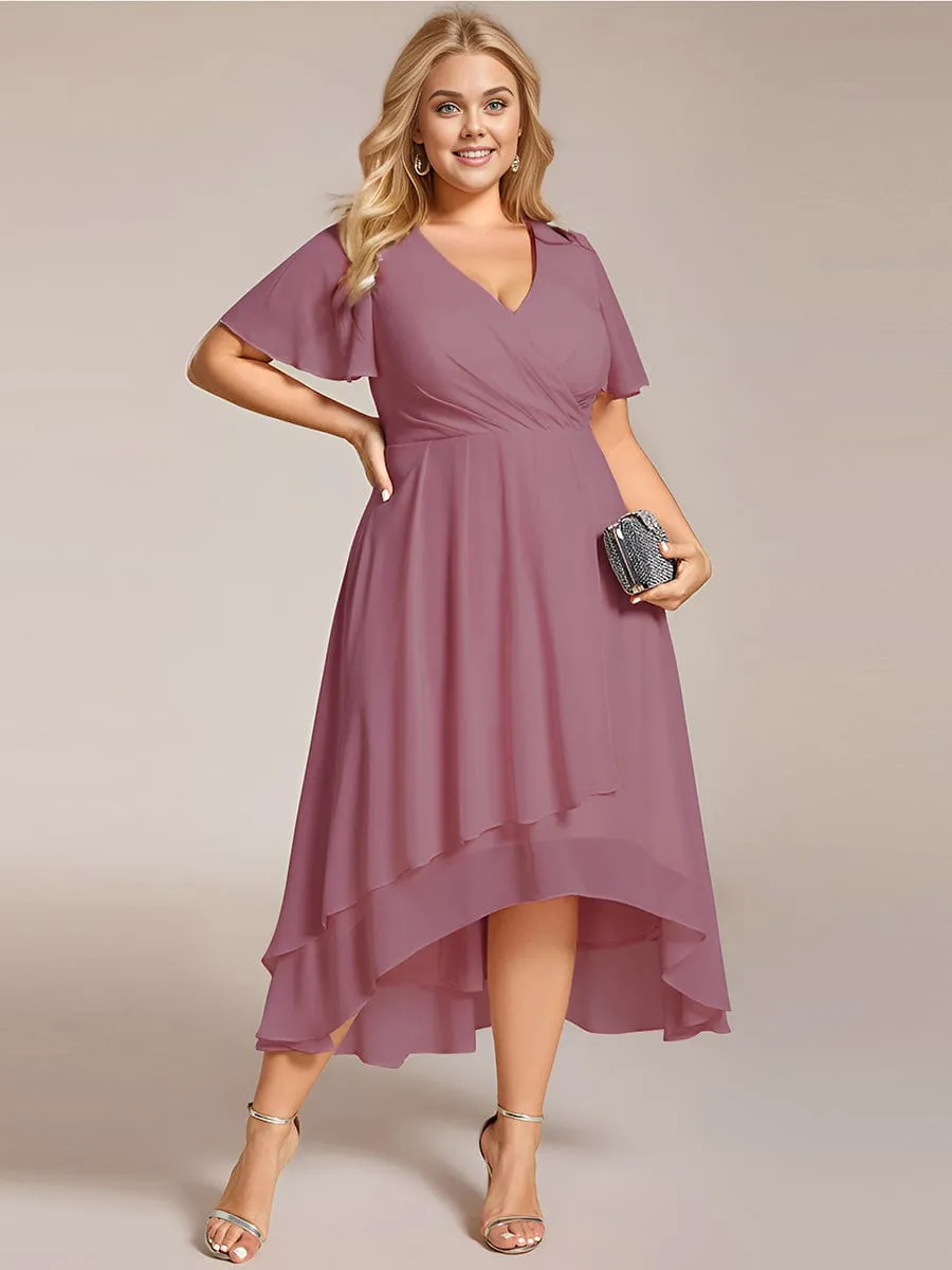 Custom Size Ruffles Sleeve Pleated V-Neck A-Line Midi Chiffon Wedding Guest Dress