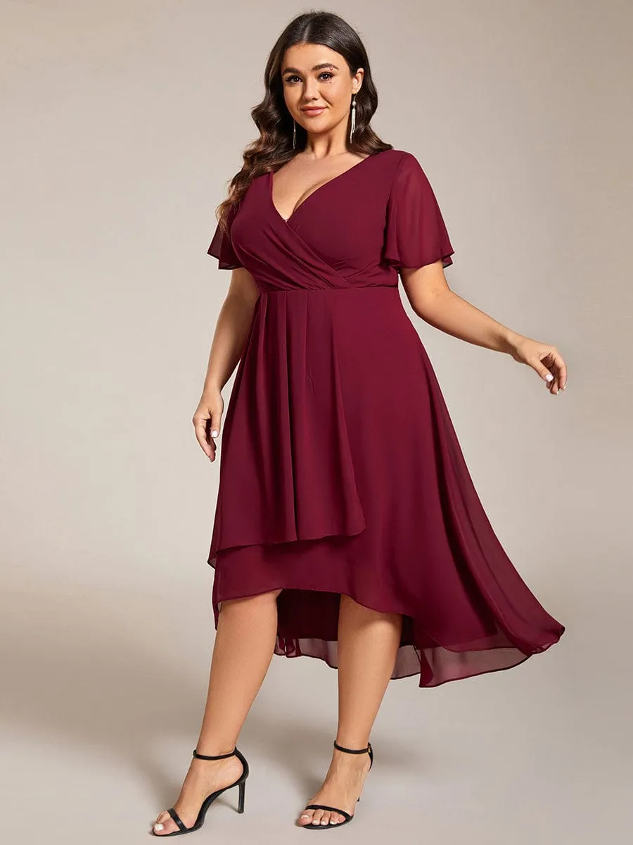 Custom Size Ruffles Sleeve Pleated V-Neck A-Line Midi Chiffon Wedding Guest Dress