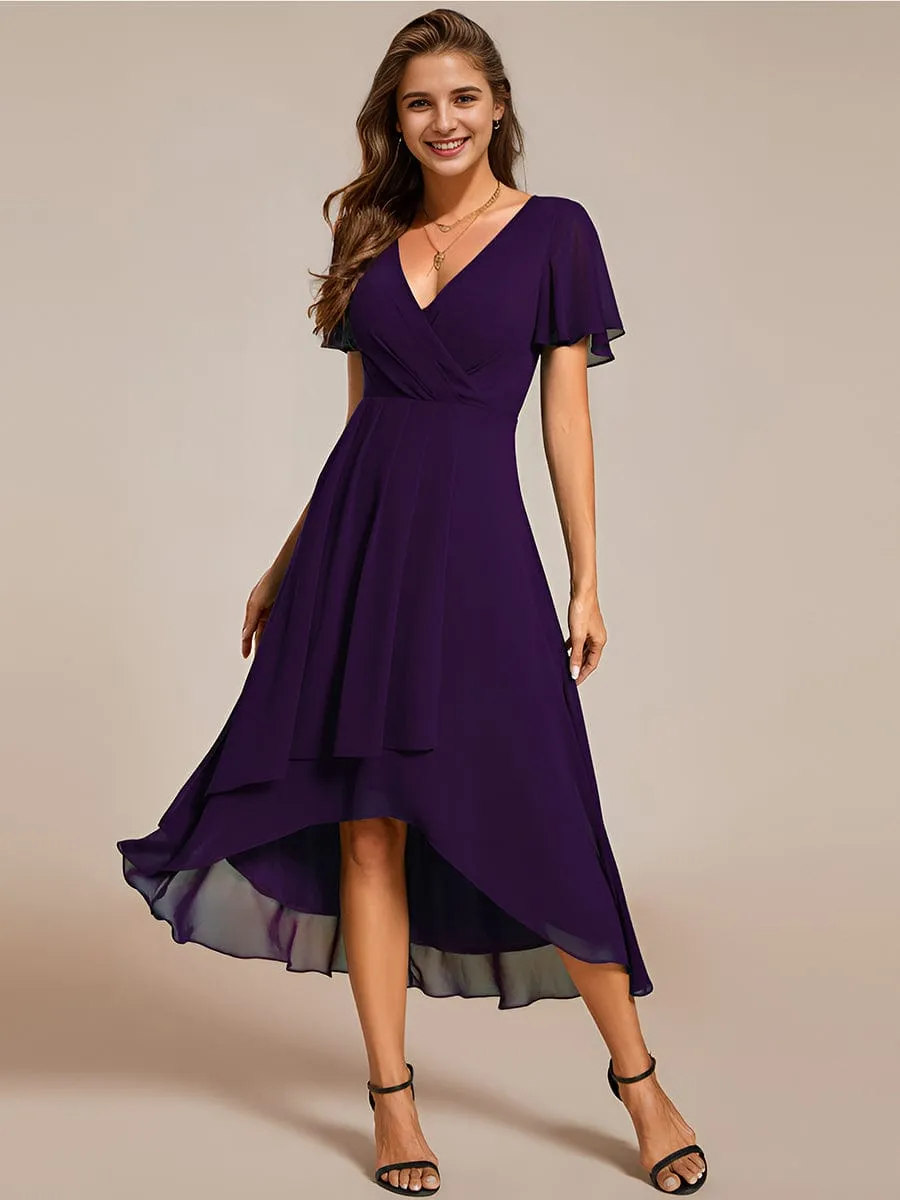 Custom Size Ruffles Sleeve Pleated V-Neck A-Line Midi Chiffon Wedding Guest Dress