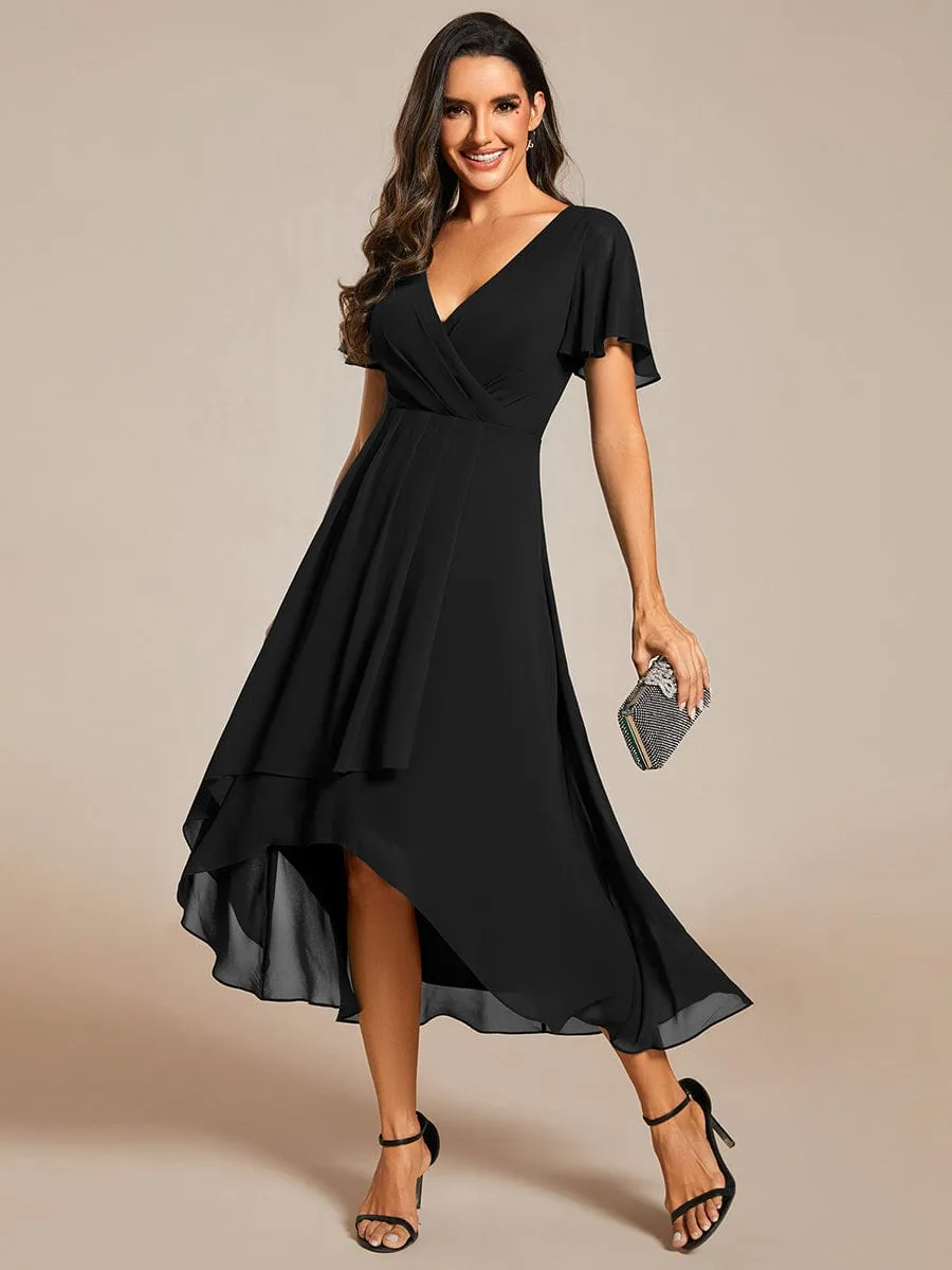 Custom Size Ruffles Sleeve Pleated V-Neck A-Line Midi Chiffon Wedding Guest Dress