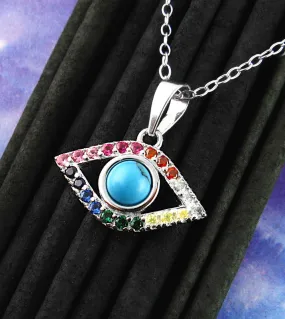 Evil Eye Necklace With Chakra-Colored Crystals & Lab Turquoise - with 18 Chain