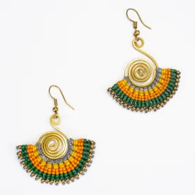 Fan Green Orange Waxed String Spiral Brass Earrings