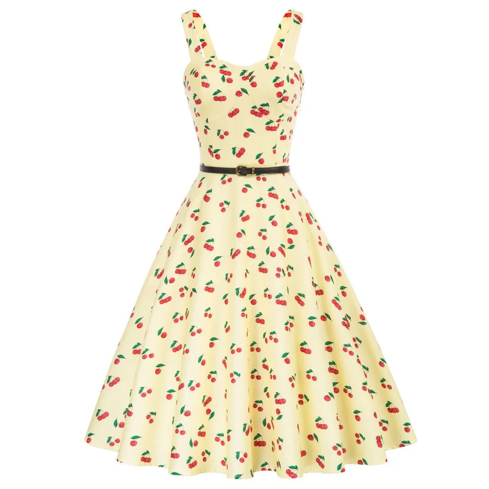 Fans Look of Printed Sweetheart Neck Flared A-Line Dress with Belt