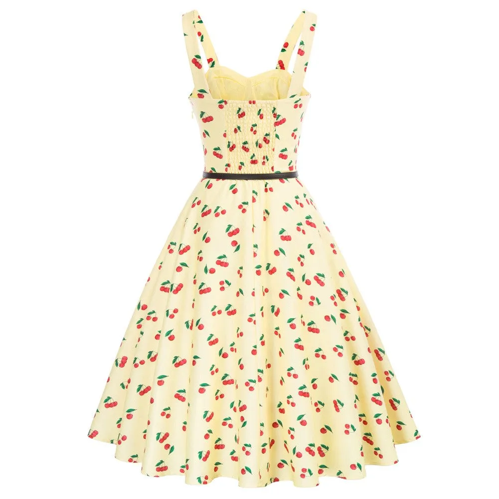 Fans Look of Printed Sweetheart Neck Flared A-Line Dress with Belt