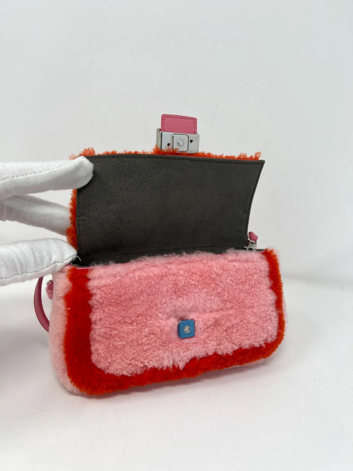 Fendi Micro Baguette Pink Shearling Fur Bag