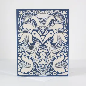 folk art card, blank decorative card for any occasion in navy ink