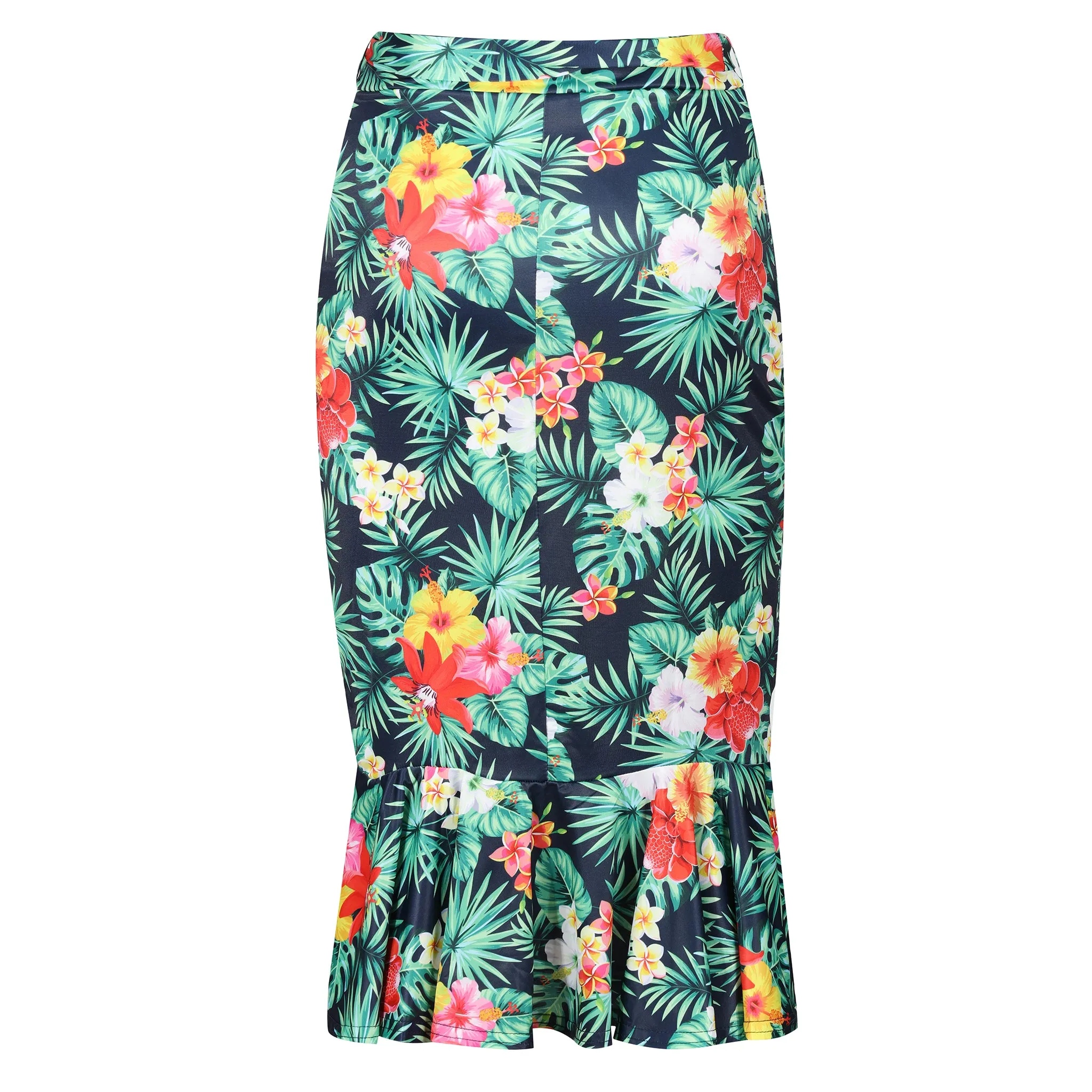 Hawaiian Print Ruffle Hem Tie belt Wiggle Skirt