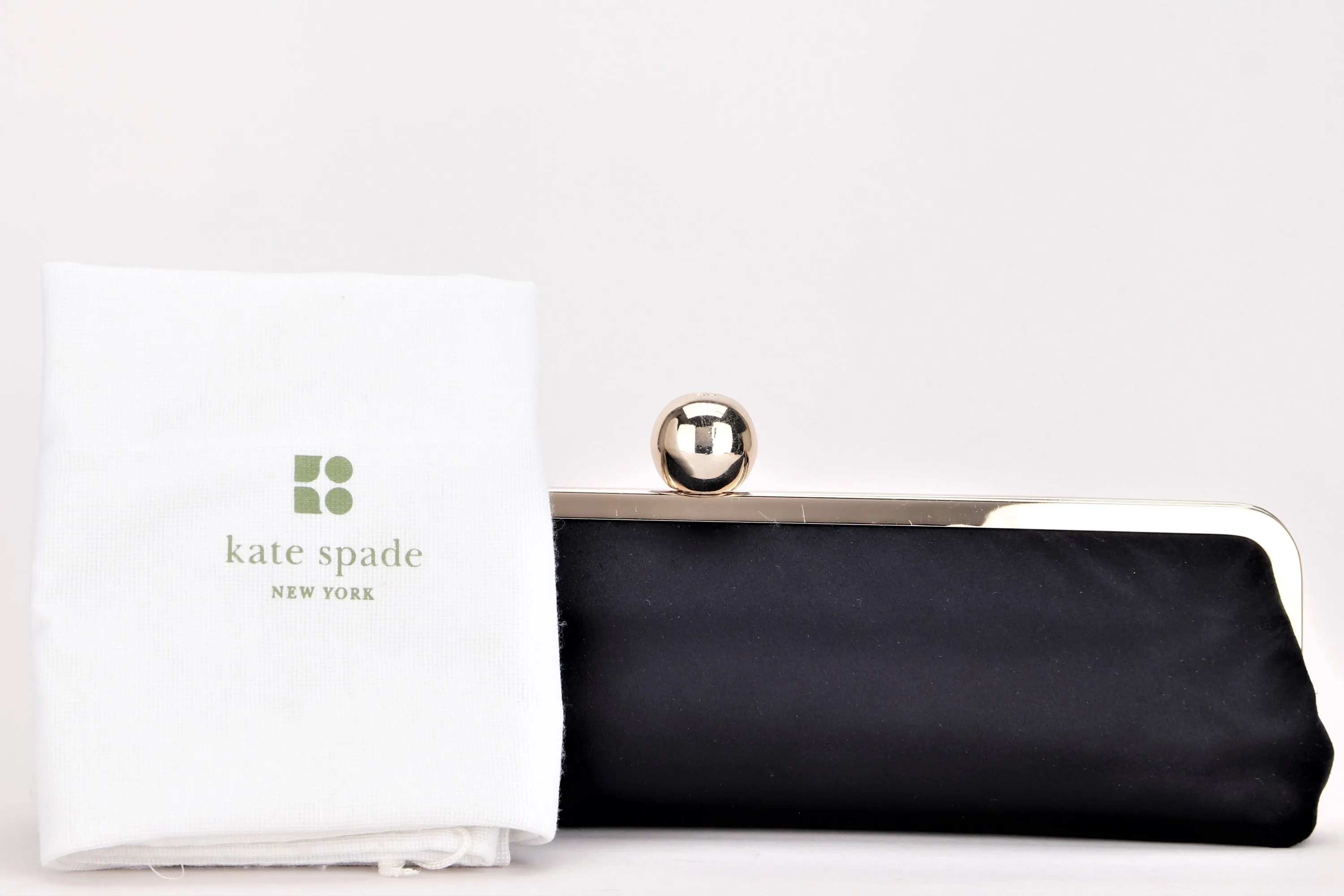 KATE SPADE BLACK SATIN LONG CLUTCH, PURPLE INTERIOR, WITH DUST COVER