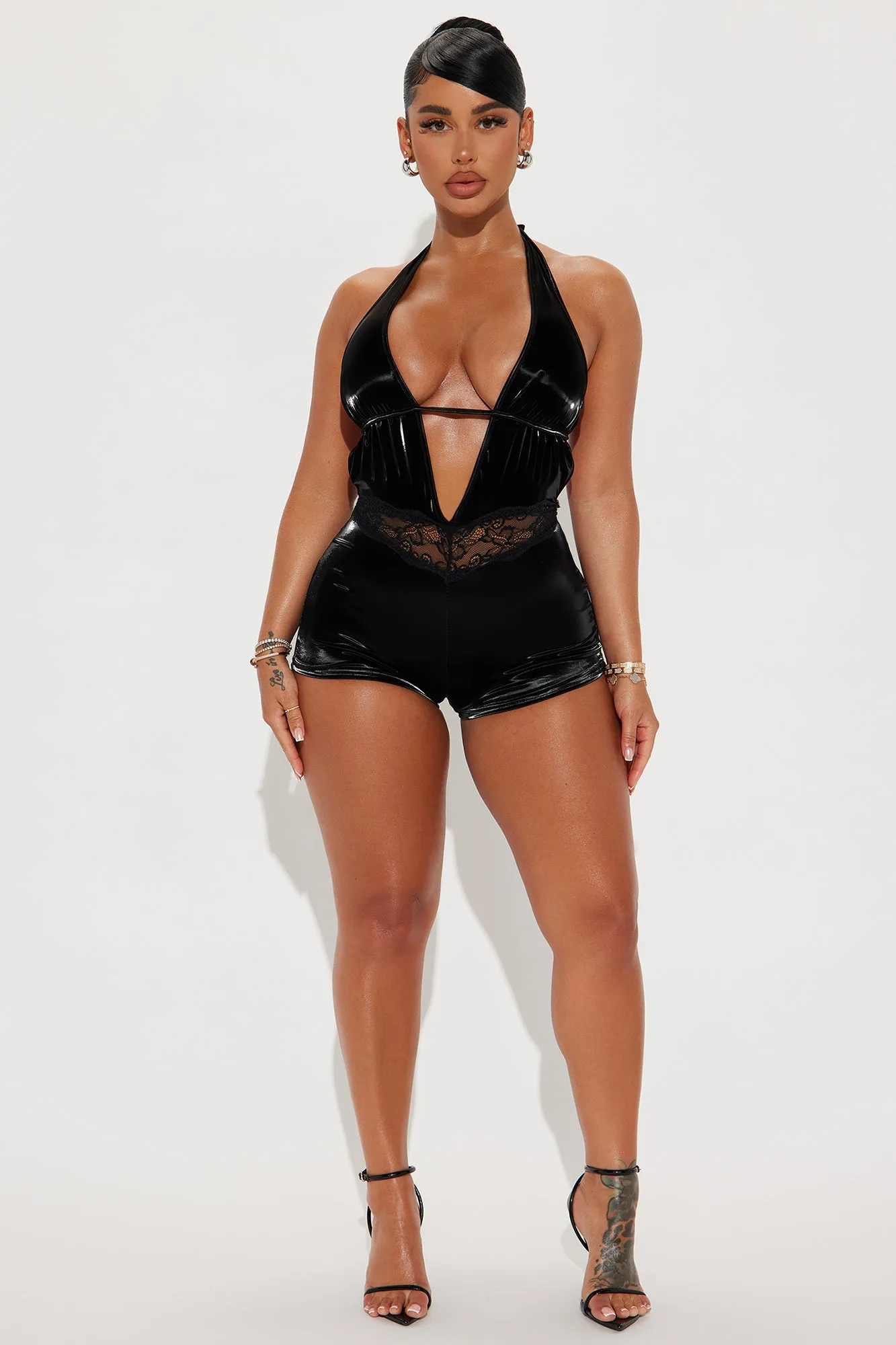 Link Up Faux Leather Romper - Black