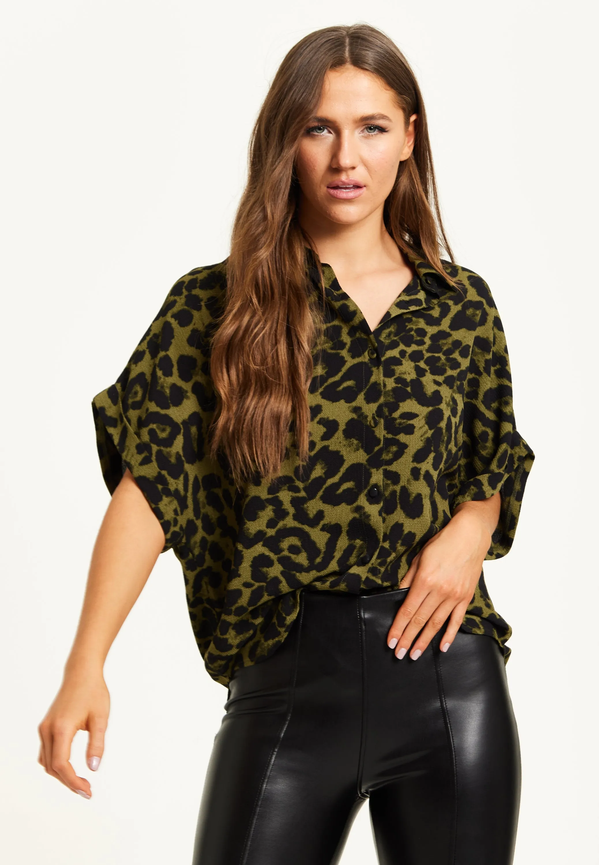 Liquorish Khaki Animal Print Shirt With Short Sleeves