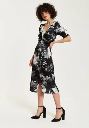 Liquorish Mono Abstract Print Knot Front Midi Dress