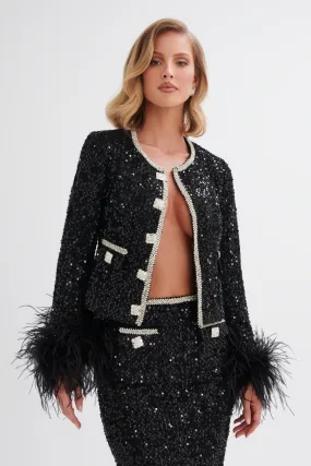 LOLA Sequin Boucle Jacket with Feather Cuffs in Black