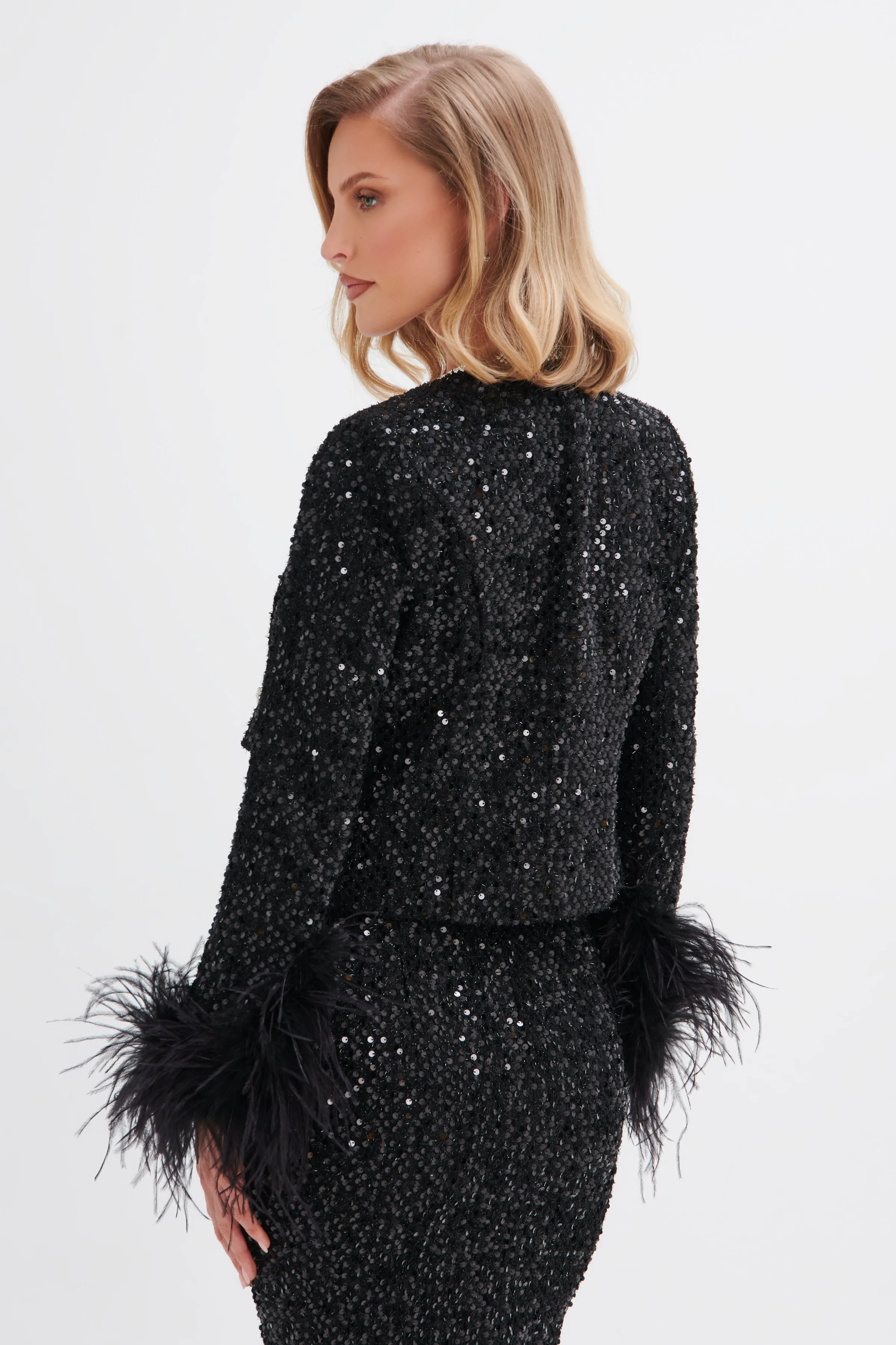 LOLA Sequin Boucle Jacket with Feather Cuffs in Black