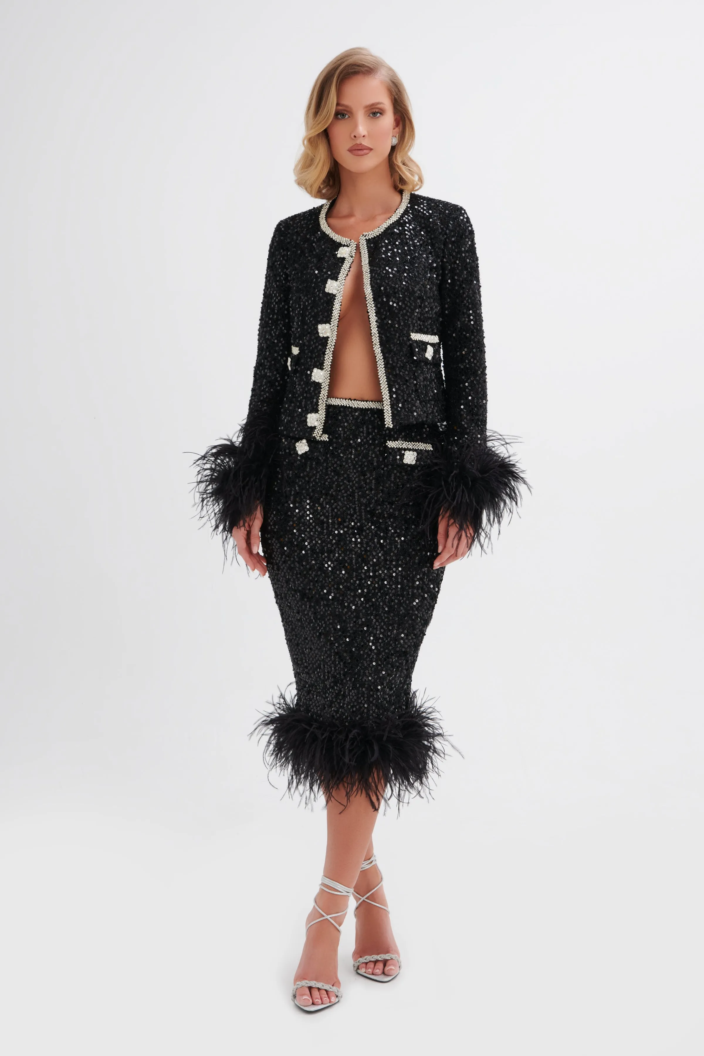 LOLA Sequin Boucle Jacket with Feather Cuffs in Black