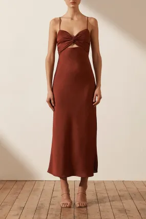 LUXE TWIST FRONT SLEEVELESS MIDI DRESS - SANGRIA