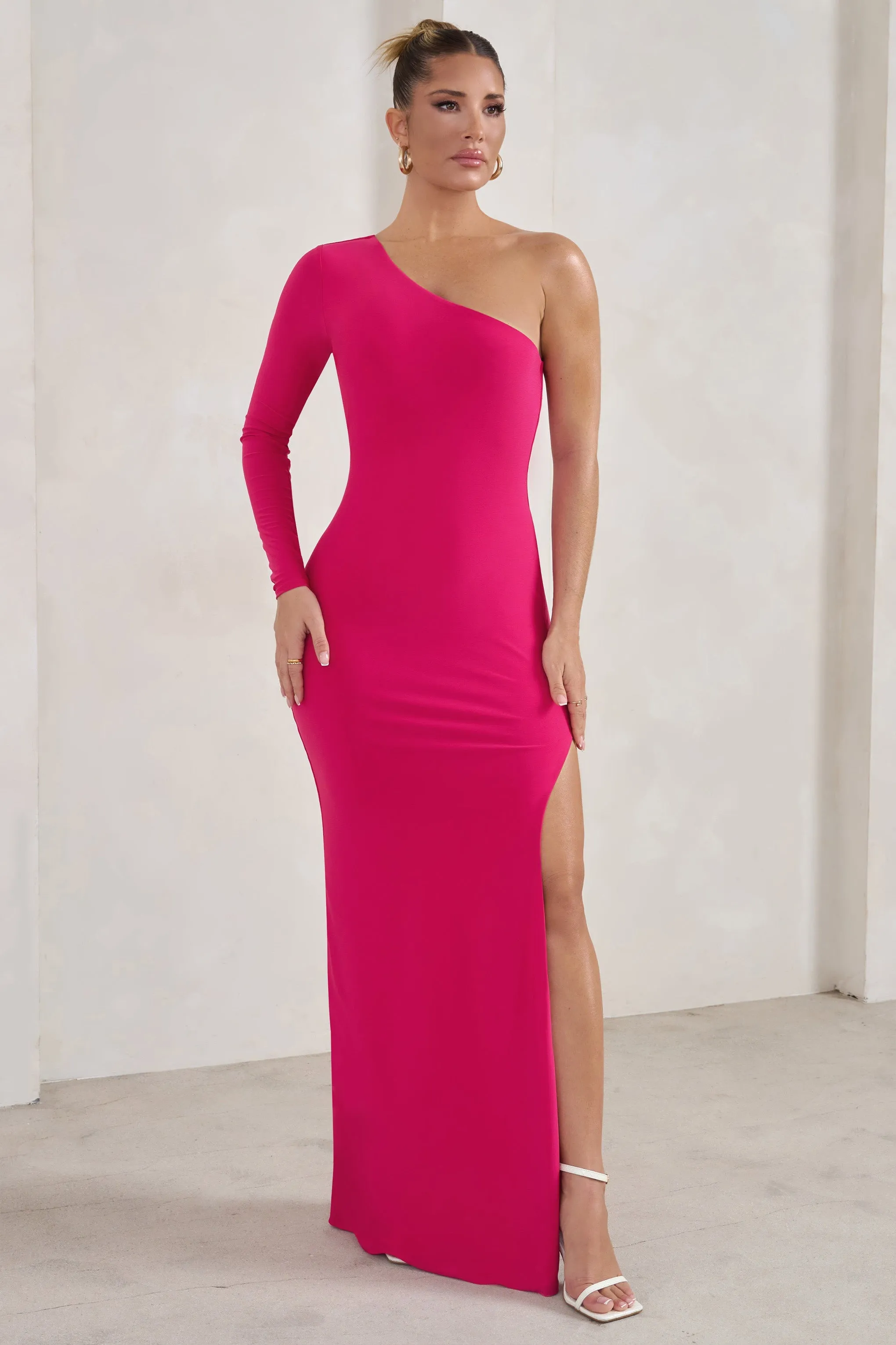 Melanie | Hot Pink One Shoulder Split Maxi Dress