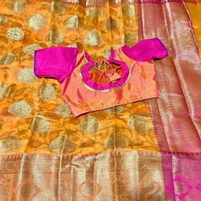 Orange and pink Chanderi Silk Saree with Stitched blouse