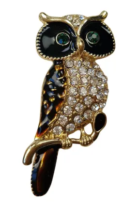 OWL BROOCH Gold Plated Enamelled with Rhinestone Inlay