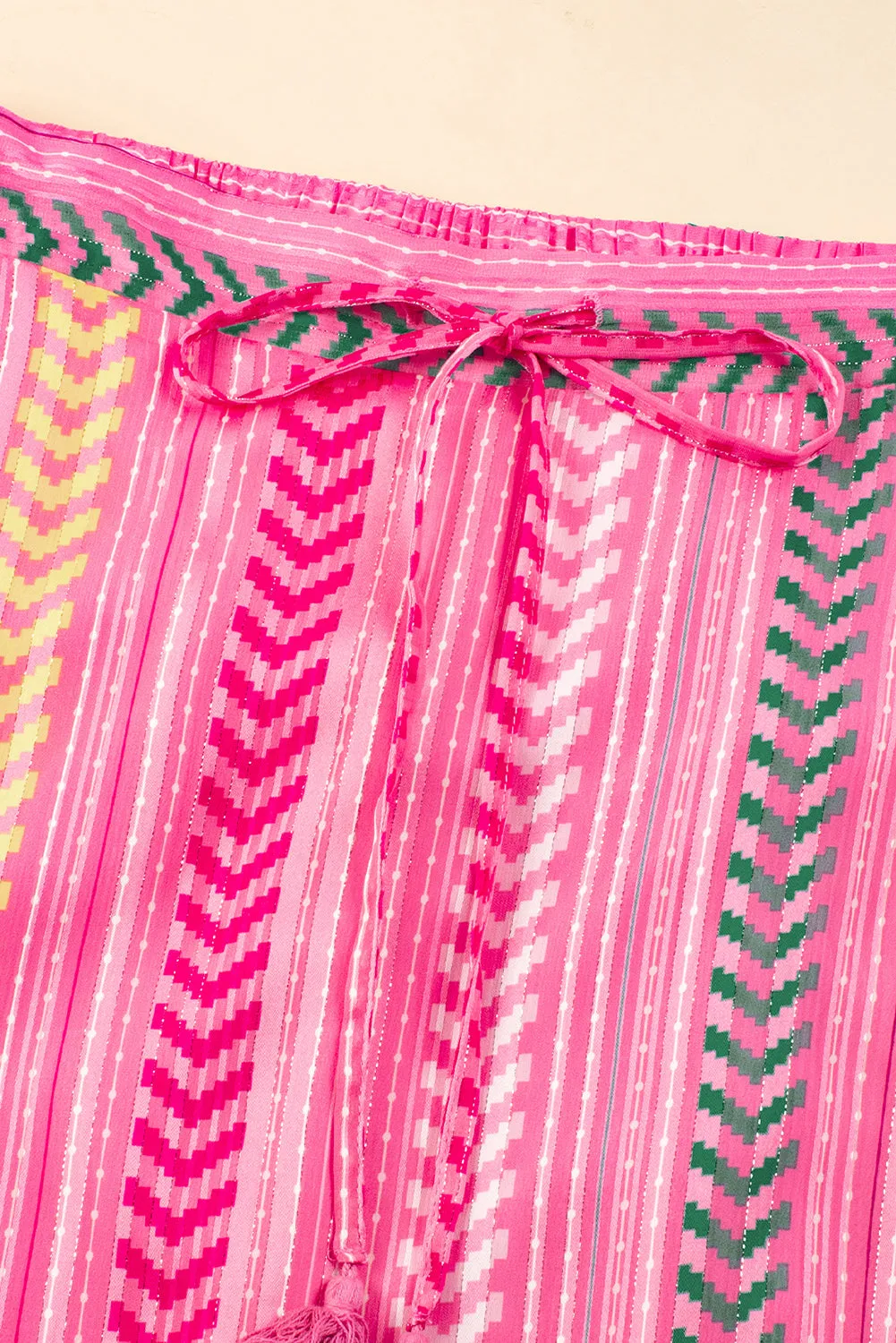 Pink Boho Printed Tasseled Drawstring Ruffled Maxi Skirt