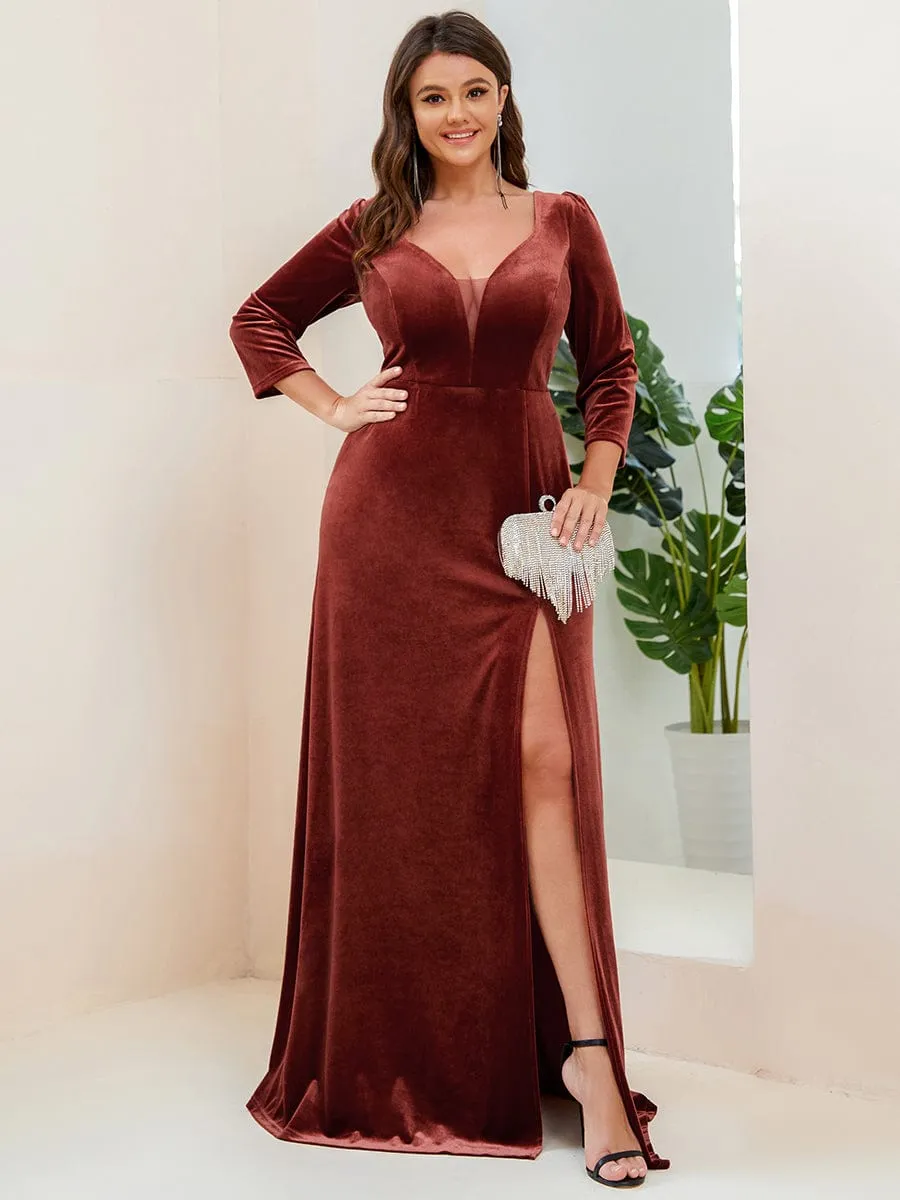 Plus Size Velvet Plunging V-Neck Front Slit 3/4 Sleeve Evening Dress