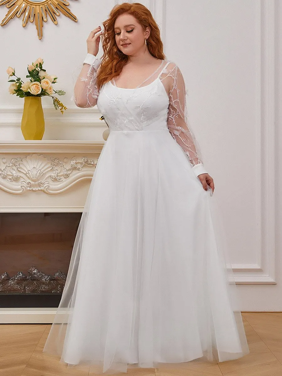 Plus Size Wholesale Simple Tulle Wedding Dress with Long Sleeves