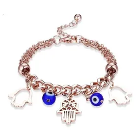 Rose Gold Stainless Steel Evil Eye Hand of Fatima Charm Bracelet