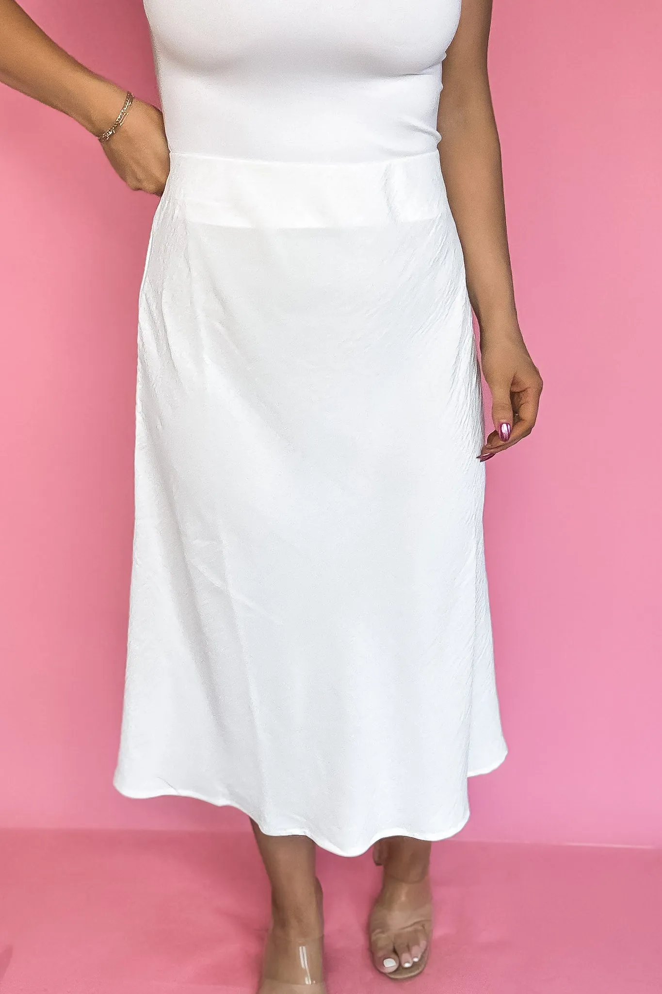 Spin Me Around Off White Elastic High Waisted Midi Flare Skirt