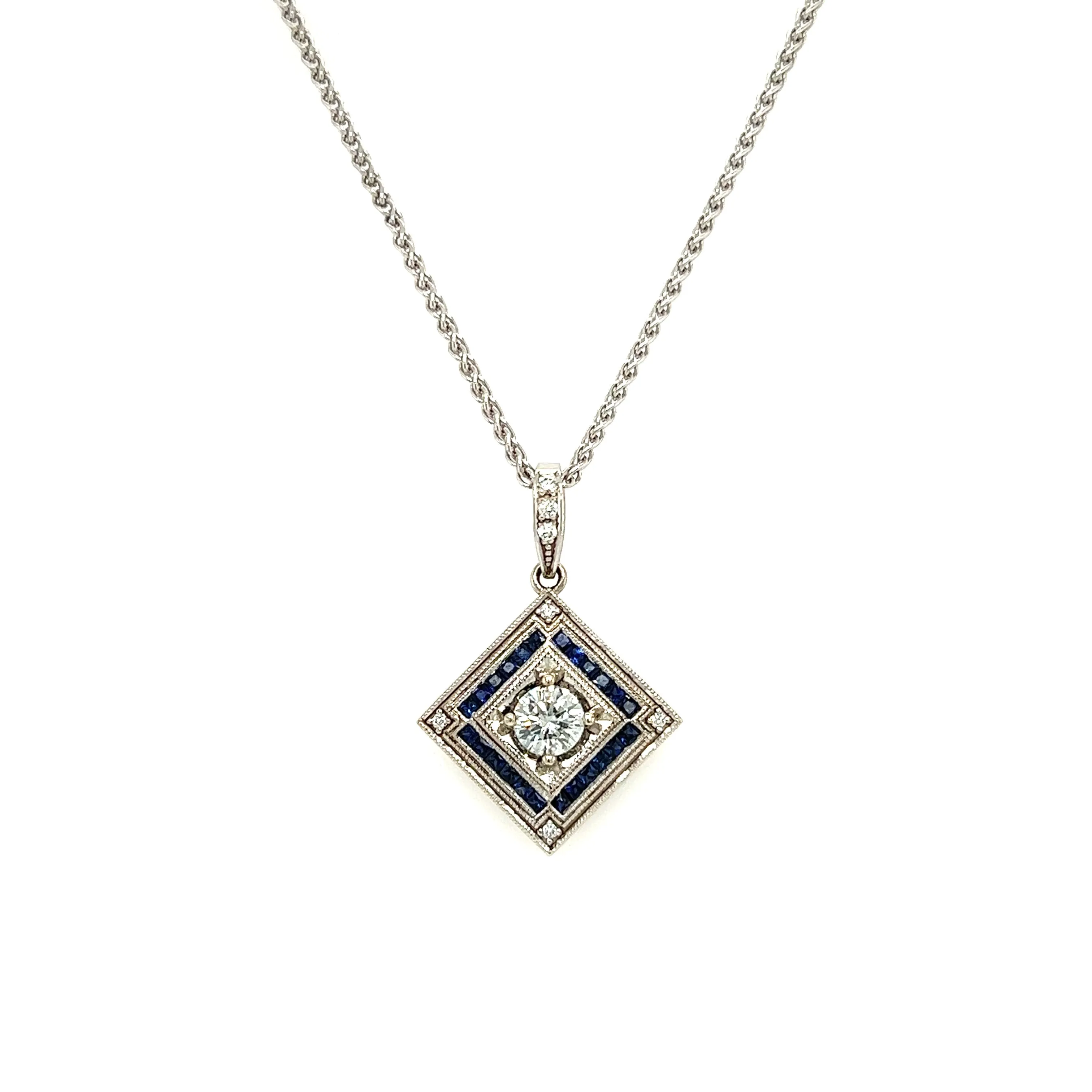 Square on Point Diamond Necklace with 0.64ctw of Blue Sapphires in White Gold