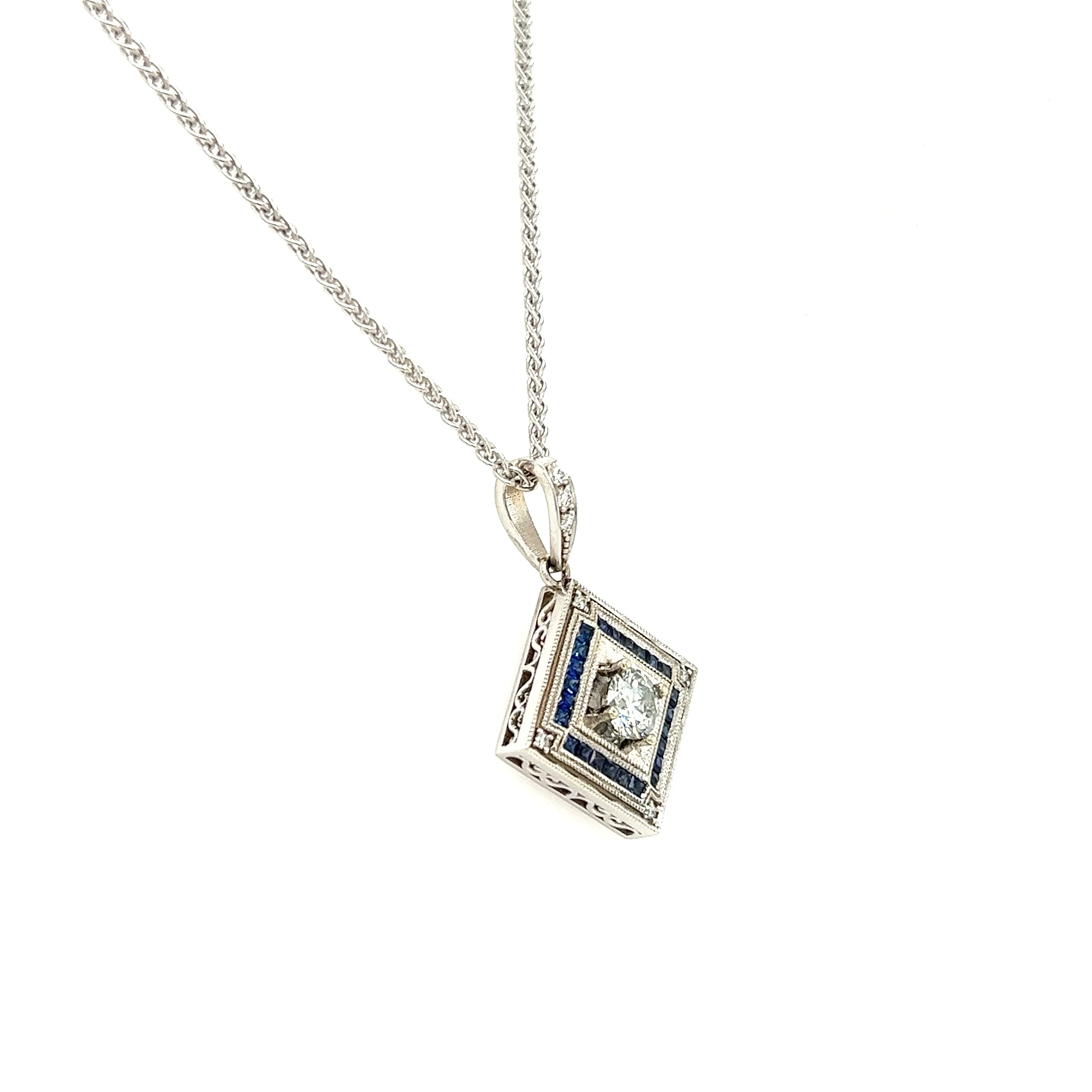 Square on Point Diamond Necklace with 0.64ctw of Blue Sapphires in White Gold