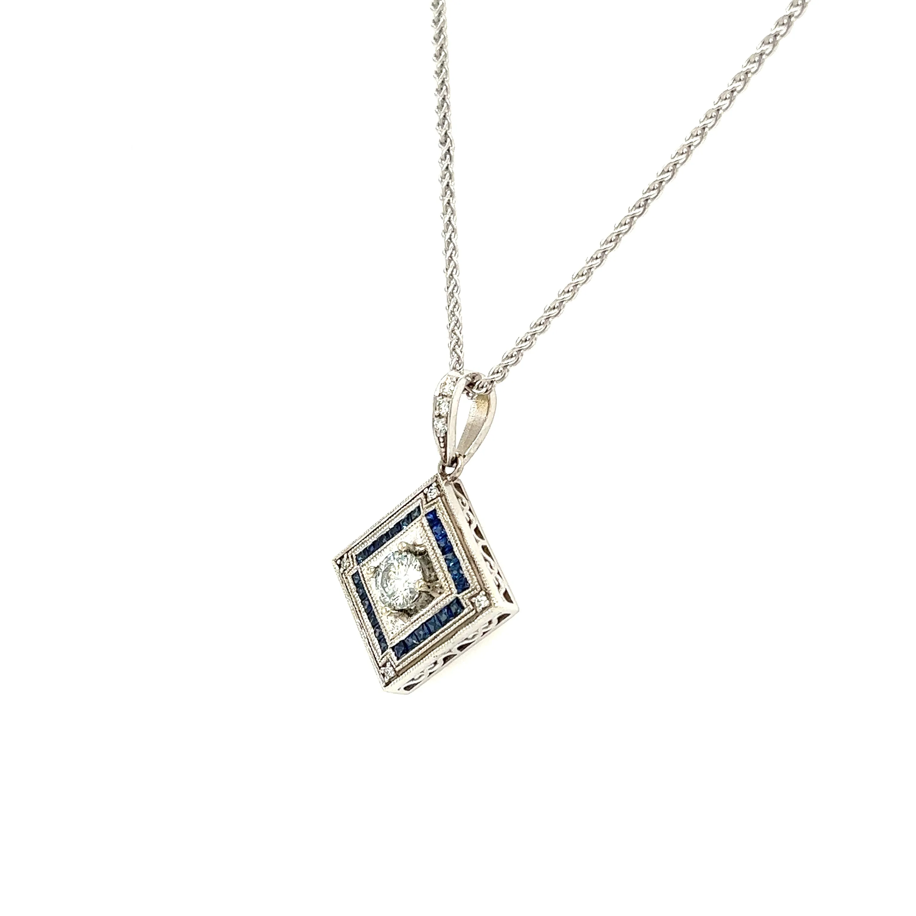 Square on Point Diamond Necklace with 0.64ctw of Blue Sapphires in White Gold