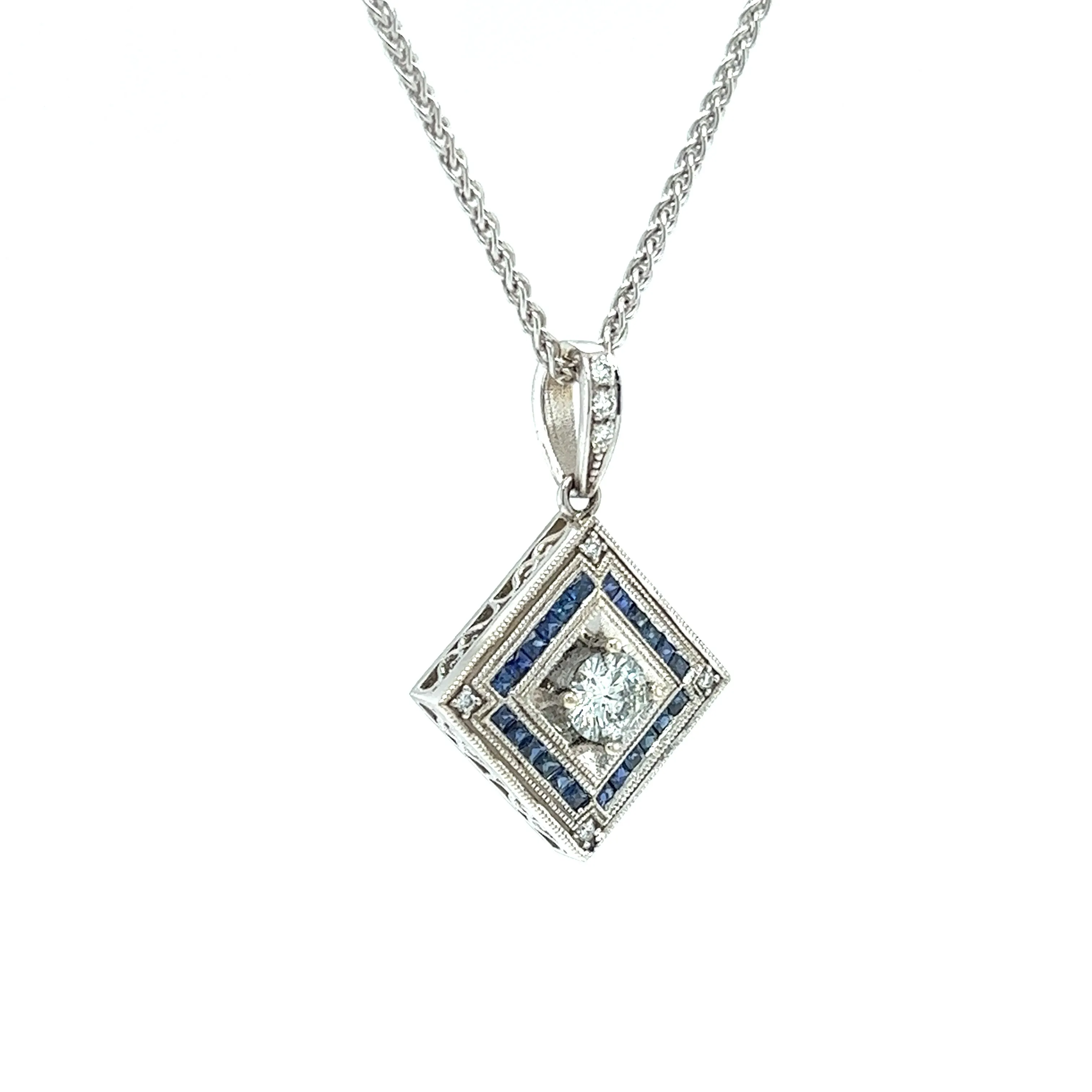 Square on Point Diamond Necklace with 0.64ctw of Blue Sapphires in White Gold