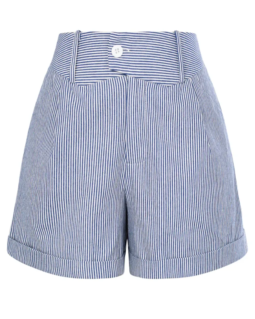 Striped Shorts with Pockets Fold-up Leg Opening Cotton Short Pants