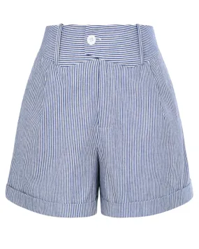 Striped Shorts with Pockets Fold-up Leg Opening Cotton Short Pants