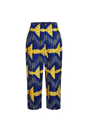 Taiwo Cropped Pants - Blue White and Yellow African Ankara Wax Cotton Print