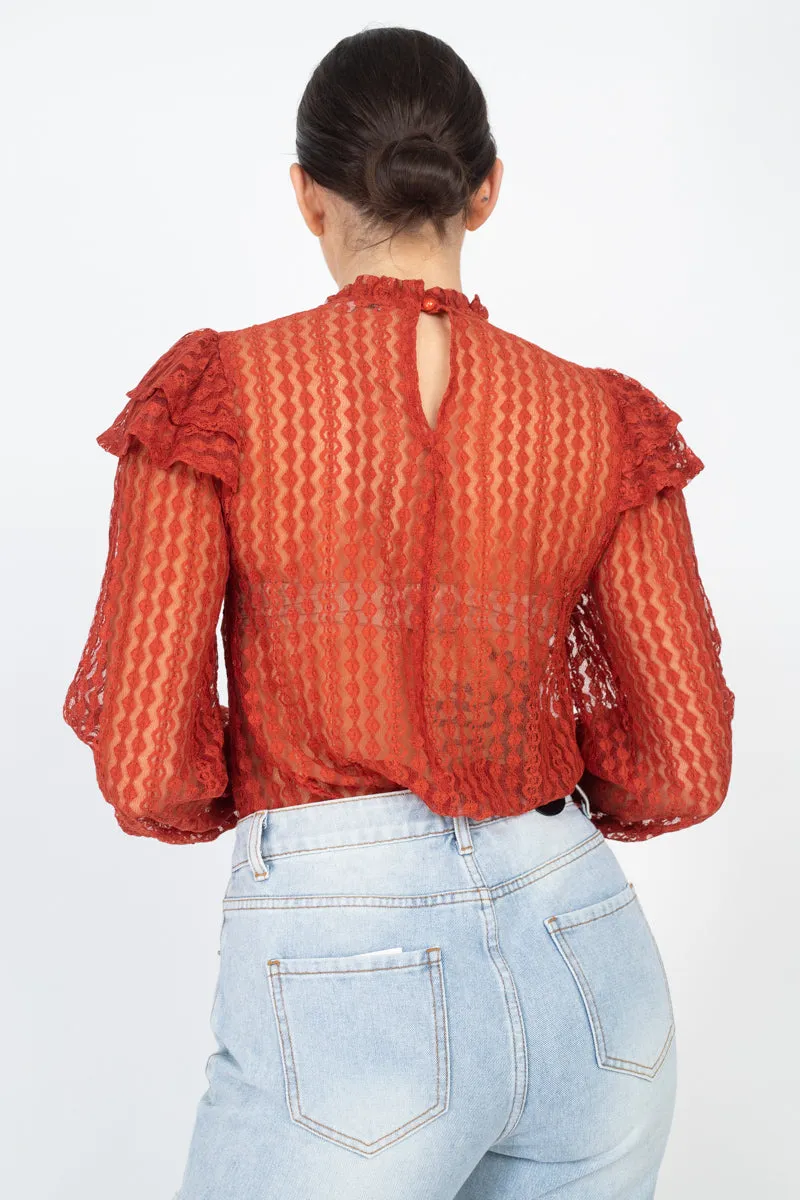 Wholesale Sheer Crochet Lace Ruffled Top