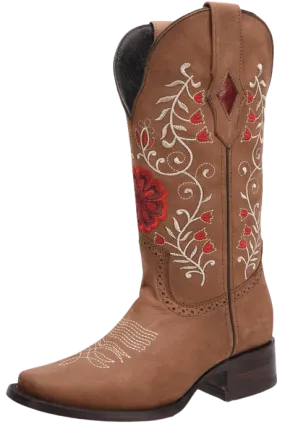 Women’s Tan Crazy with Red Flowers Square Toe Rodeo Boot